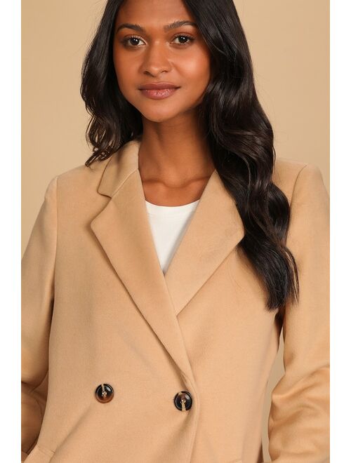 Lulus Harriet Long Double-Breasted Tan Coat