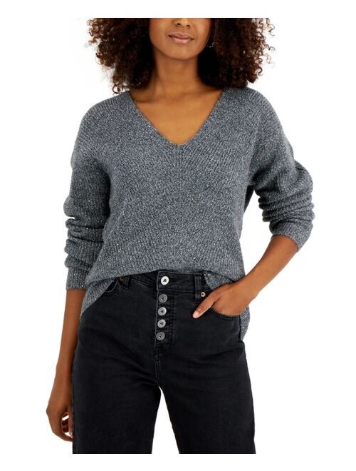 INC INTERNATIONAL CONCEPTS Women's Sequined V-Neck Sweater, Created for Macy's