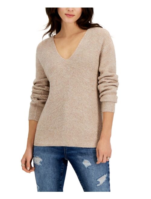 INC INTERNATIONAL CONCEPTS Women's Sequined V-Neck Sweater, Created for Macy's