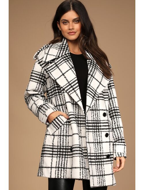 Avec Les Filles Weekend in the City Black and White Plaid Double-Breasted Coat