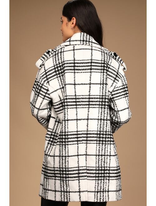 Avec Les Filles Weekend in the City Black and White Plaid Double-Breasted Coat