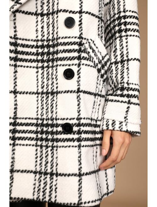 Avec Les Filles Weekend in the City Black and White Plaid Double-Breasted Coat