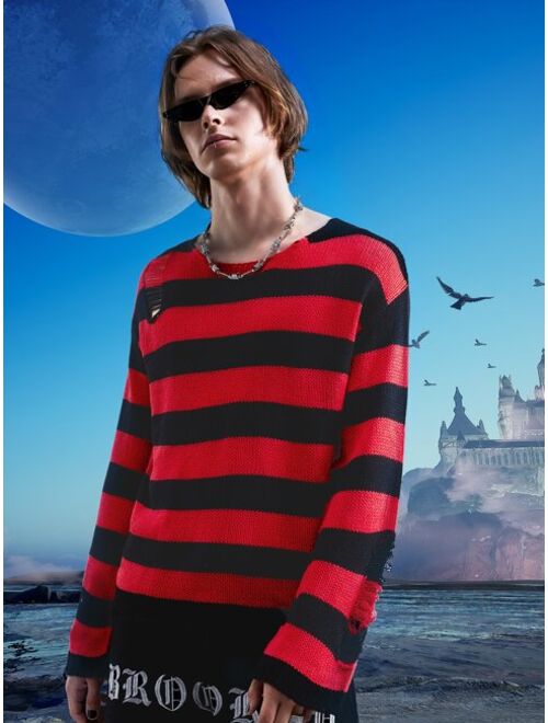 ROMWE Goth Guys Striped Distressed Sweater