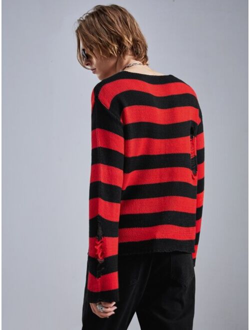 ROMWE Goth Guys Striped Distressed Sweater