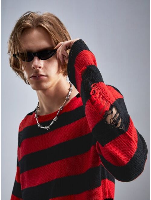 ROMWE Goth Guys Striped Distressed Sweater