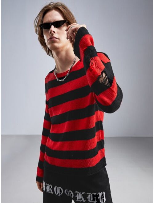 ROMWE Goth Guys Striped Distressed Sweater