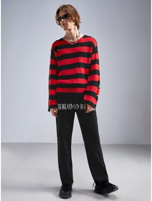 ROMWE Goth Guys Striped Distressed Sweater