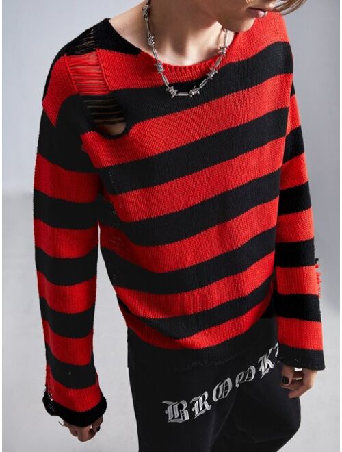 ROMWE Goth Guys Striped Distressed Sweater