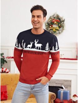 Men Christmas Elk Tree Pattern Color Block Sweater