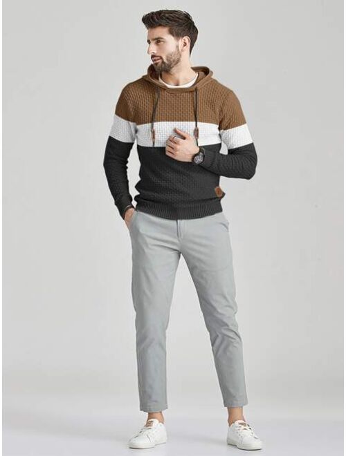 Shein Men Colorblock Patched Detail Drawstring Hooded Sweater