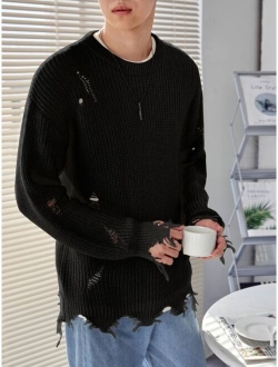 Men Drop Shoulder Ripped Distressed Sweater