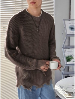 Men Drop Shoulder Ripped Distressed Sweater