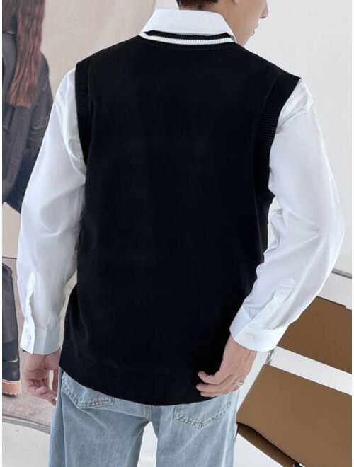 Shein Men Plant Embroidered Cable Knit Sweater Vest Without Shirt