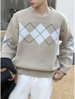 Men Argyle Pattern Drop Shoulder Sweater