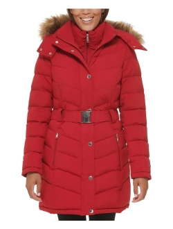 Women's Belted Faux-Fur-Trim Hooded Puffer Coat, Created for Macy's