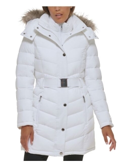 Women's Belted Faux-Fur-Trim Hooded Puffer Coat, Created for Macy's