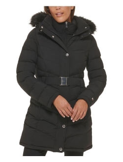 Women's Belted Faux-Fur-Trim Hooded Puffer Coat, Created for Macy's