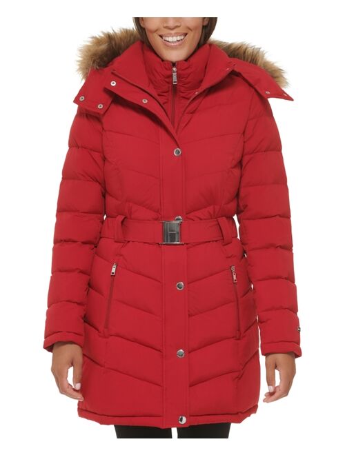 TOMMY HILFIGER Women's Belted Faux-Fur-Trim Hooded Puffer Coat, Created for Macy's