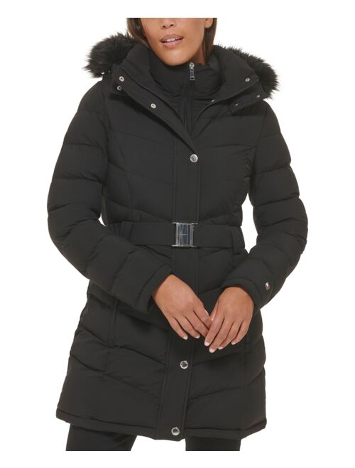 TOMMY HILFIGER Women's Belted Faux-Fur-Trim Hooded Puffer Coat, Created for Macy's