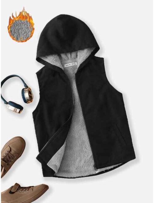 SHEIN Boys Slant Pockets Teddy Lined Hooded Vest Jacket