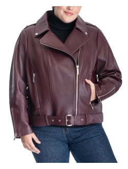 Plus Size Belted Leather Moto Jacket, Created for Macy's