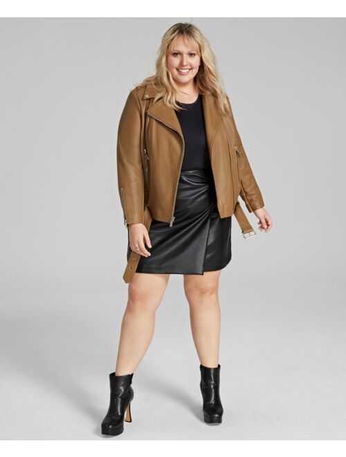 MICHAEL MICHAEL KORS Plus Size Belted Leather Moto Jacket, Created for Macy's