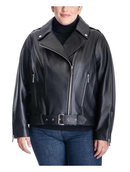 MICHAEL MICHAEL KORS Plus Size Belted Leather Moto Jacket, Created for Macy's