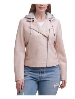 Plus Size Trendy Hooded Faux Leather Moto Jacket