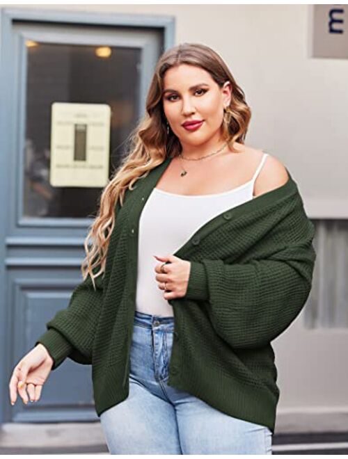 IN'VOLAND Women's Plus Size Cardigan Sweater Long Sleeve Open Front Cardigan Button-Down Knit Outwear Coat