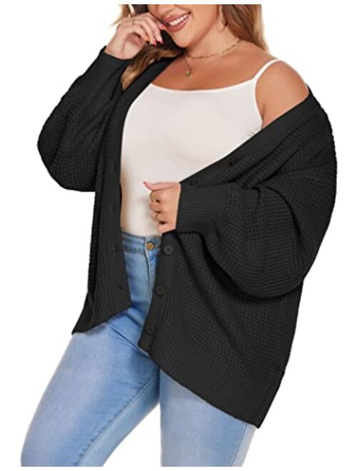 IN'VOLAND Women's Plus Size Cardigan Sweater Long Sleeve Open Front Cardigan Button-Down Knit Outwear Coat