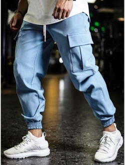 Men Flap Pocket Drawstring Waist Cargo Pants