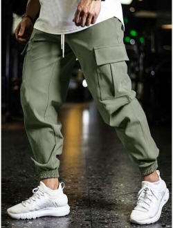 Men Flap Pocket Drawstring Waist Cargo Pants