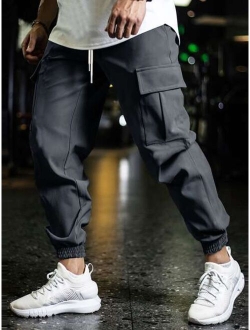 Men Flap Pocket Drawstring Waist Cargo Pants