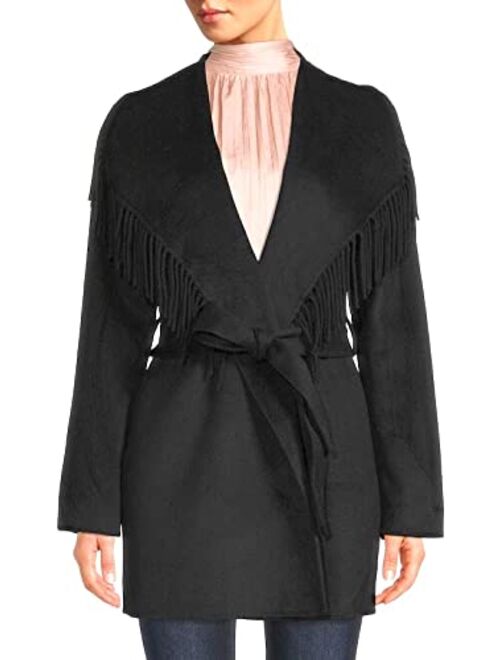 Tahari Frankie Fringe Collar Wool Blend Lightweight Coat Black