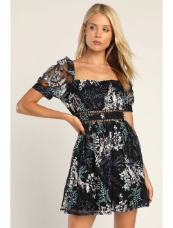 Radiant Love Black Floral Embroidered Short Sleeve Skater Dress