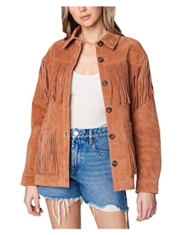 [BLANKNYC] Womens Real Suede Fringe Shirt Jacket, Stylish Coat & Designer Clothing