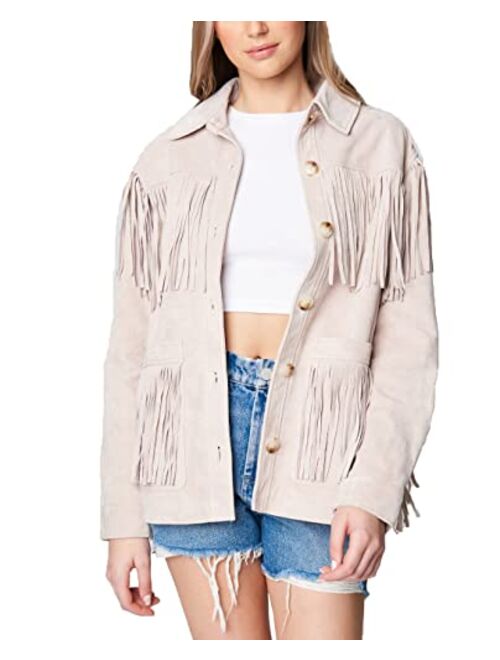 [BLANKNYC] Womens Real Suede Fringe Shirt Jacket, Stylish Coat & Designer Clothing