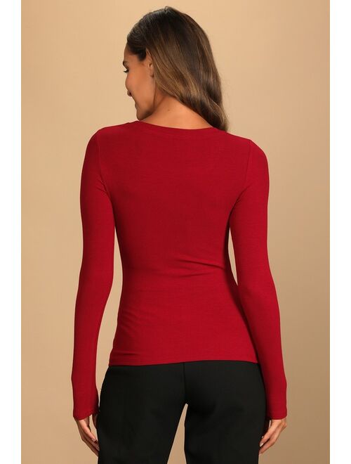 Lulus Flirty Little Secret Wine Red Ribbed Cutout Long Sleeve Top