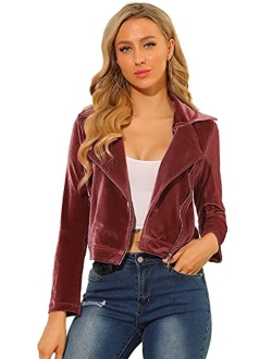 Women's Velvet Lapel Collar Zipper Crop Moto Biker Jacket