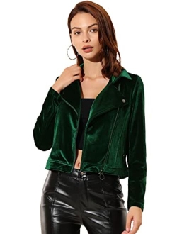 Women's Velvet Lapel Collar Zipper Crop Moto Biker Jacket