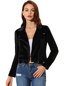 Women's Velvet Lapel Collar Zipper Crop Moto Biker Jacket