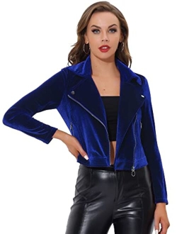 Women's Velvet Lapel Collar Zipper Crop Moto Biker Jacket