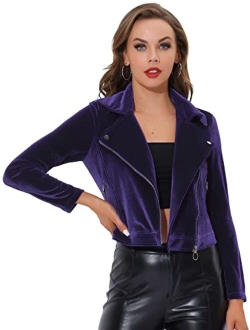 Women's Velvet Lapel Collar Zipper Crop Moto Biker Jacket