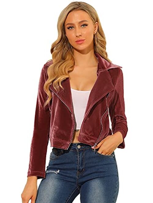 Allegra K Women's Velvet Lapel Collar Zipper Crop Moto Biker Jacket