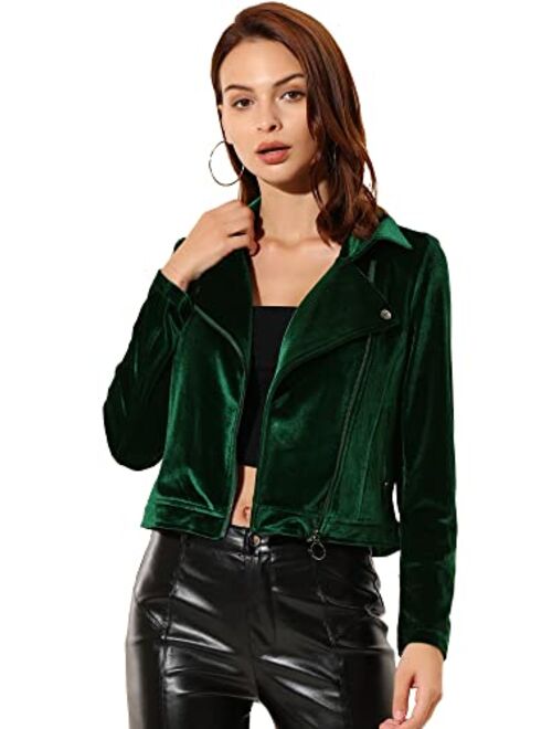 Allegra K Women's Velvet Lapel Collar Zipper Crop Moto Biker Jacket