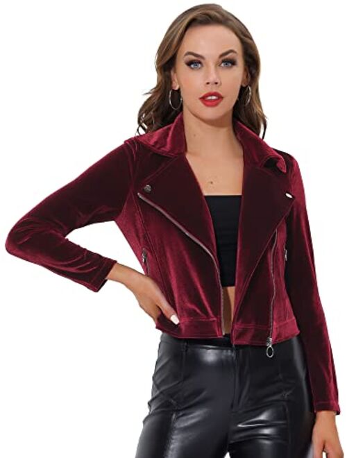 Allegra K Women's Velvet Lapel Collar Zipper Crop Moto Biker Jacket