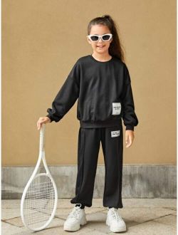 Girls Letter Patched Drop Shoulder Pullover & Sweatpants Set