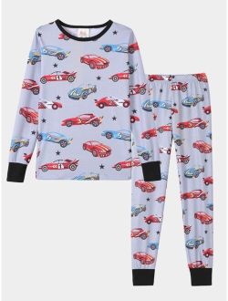 Boys Car Print Contrast Trim Snug Fit PJ Set