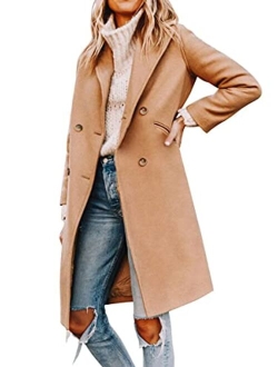 Yousify Womens Notched Lapel Collar Double Breasted Pea Coat Winter Wool Blend Over Coats Long Jackets