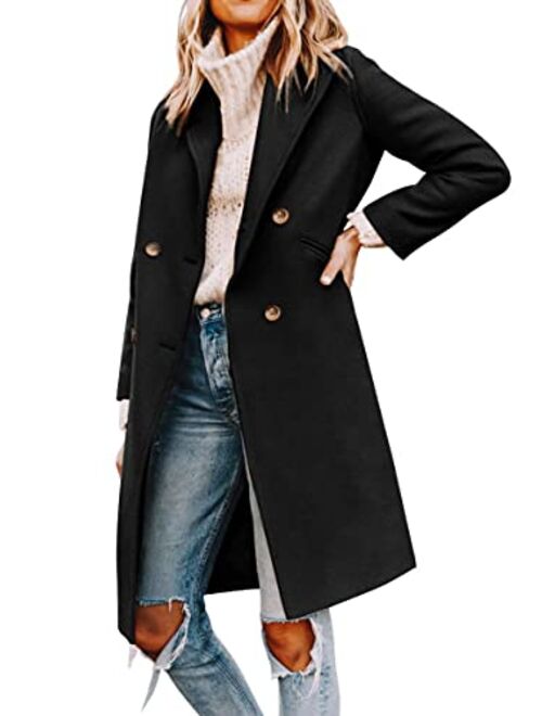 Yousify Womens Notched Lapel Collar Double Breasted Pea Coat Winter Wool Blend Over Coats Long Jackets